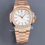 Swiss Replica Patek Philippe Nautilus 5711 Rose Gold Watch White Dial Diamond Bezel